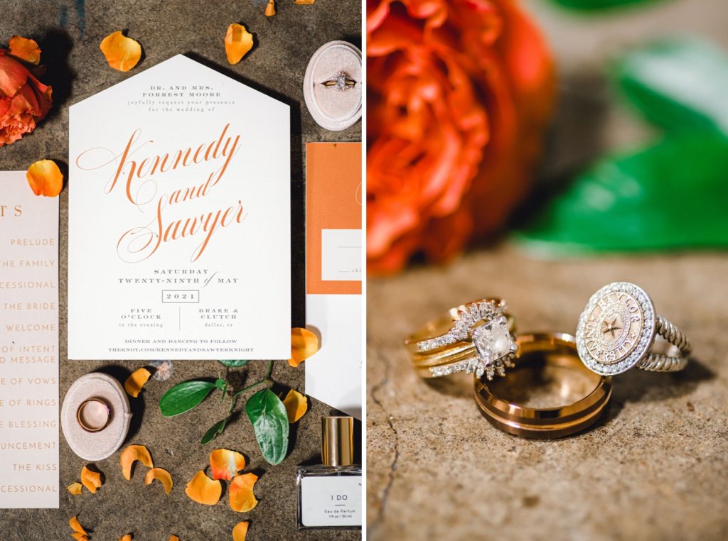 wedding details- rings, invitation suite, ring box, perfume, flowers