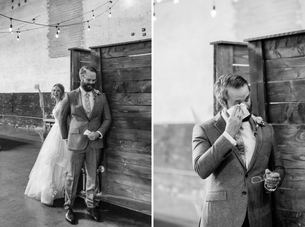 emotional first look between bride and groom