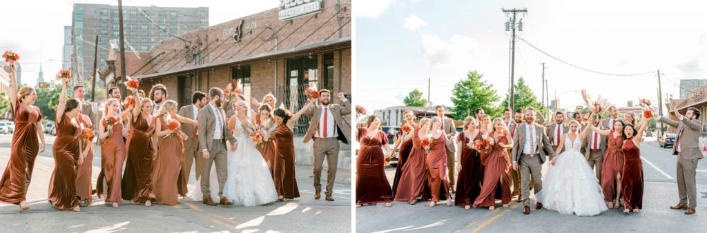 wedding party walks and laughs together with couple