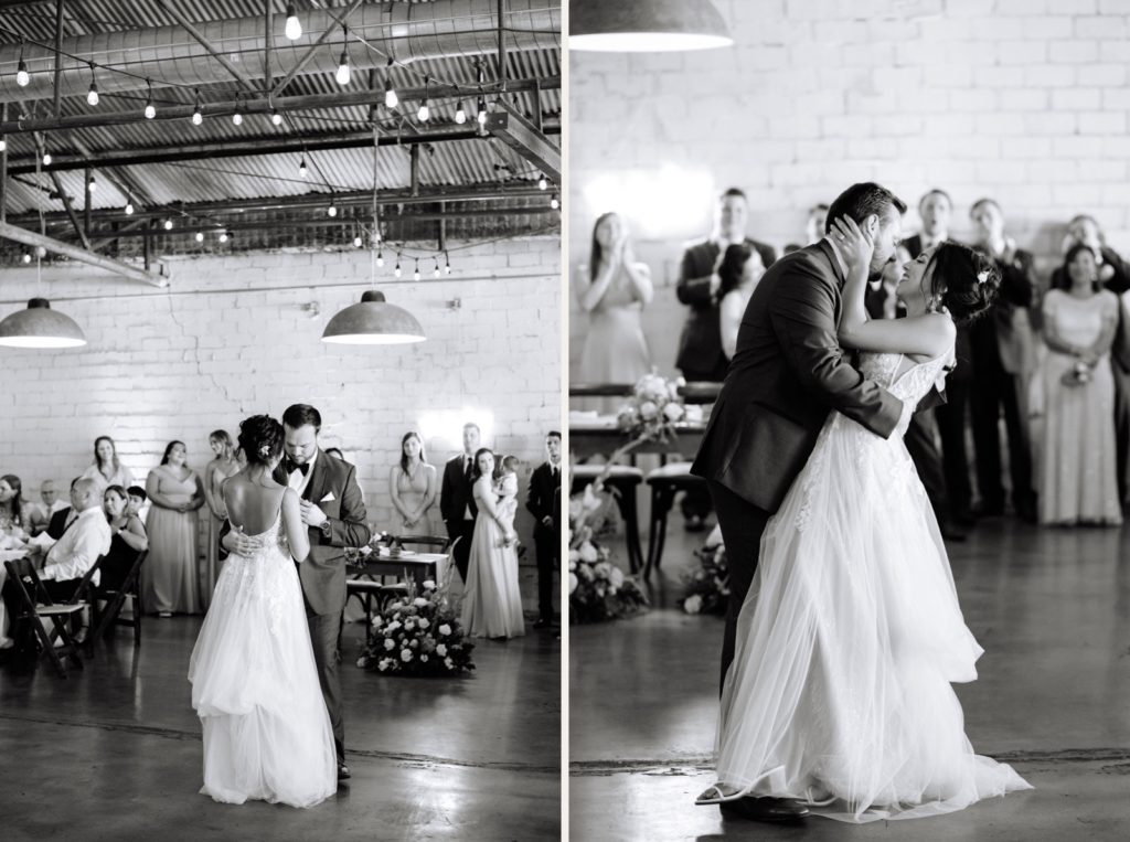 A newlywed couple sharing their first dance at their wedding reception.