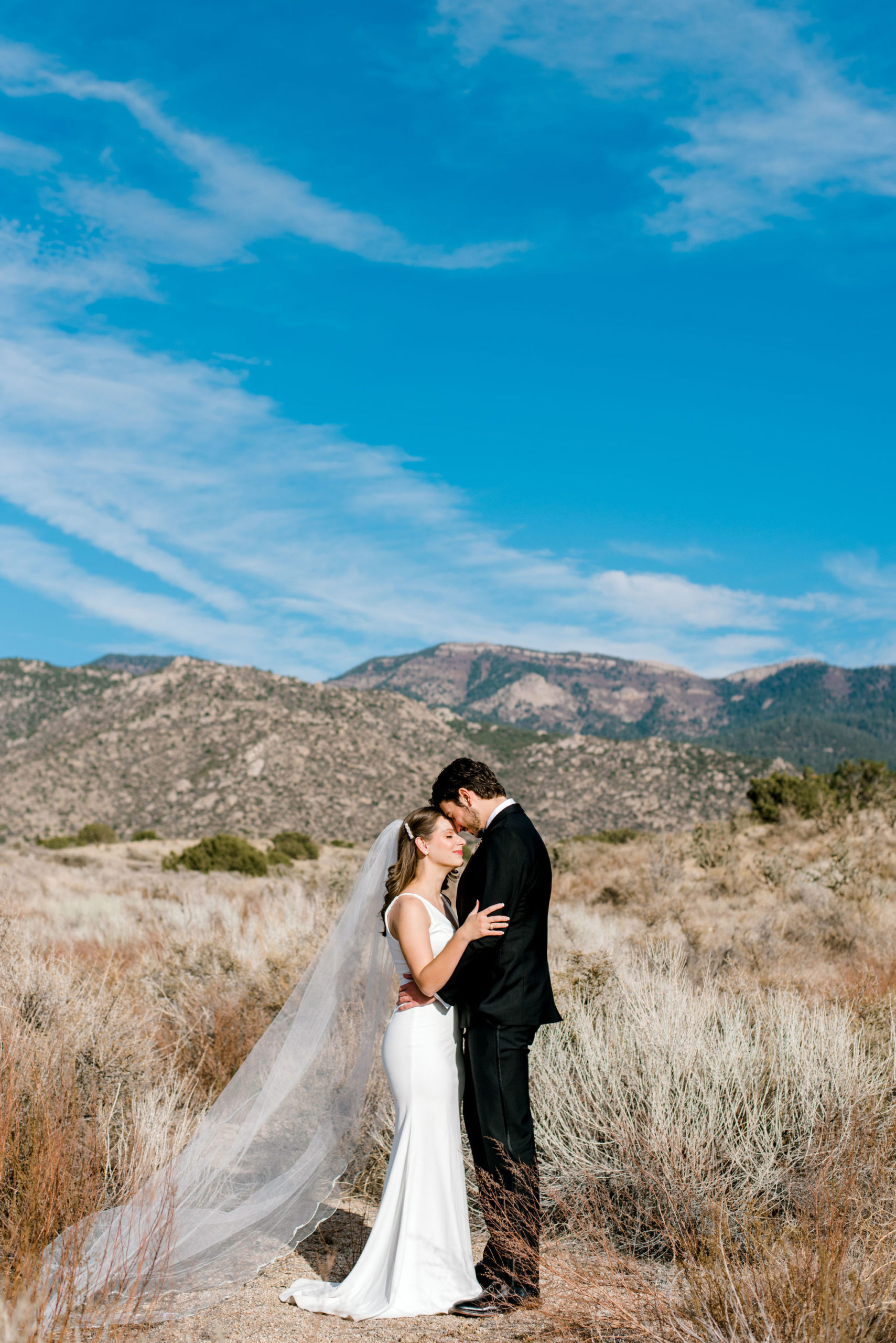 wedding couple holding each other in sandia mountains