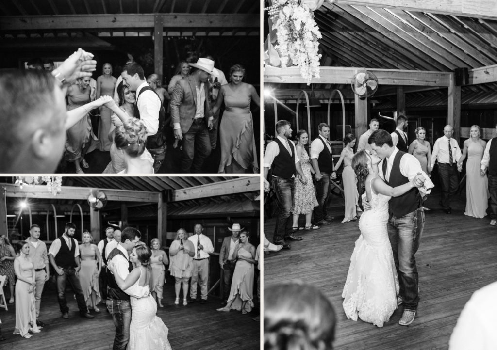 A newlywed couple sharing their first dance at their wedding reception.